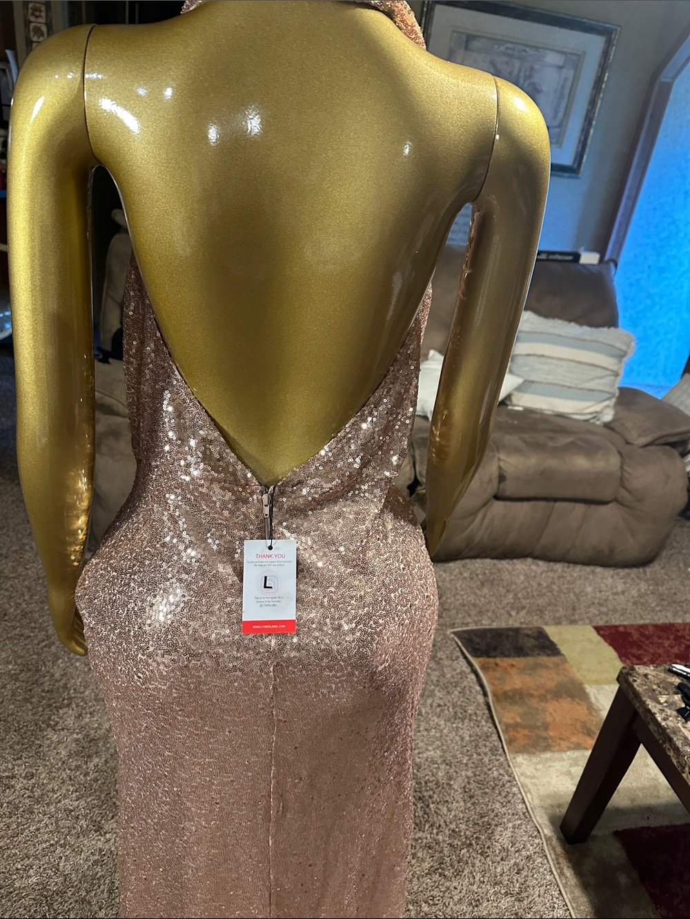 Sequined Cowl Halter Prom Dress in Rose Gold - Picture 9 of 10
